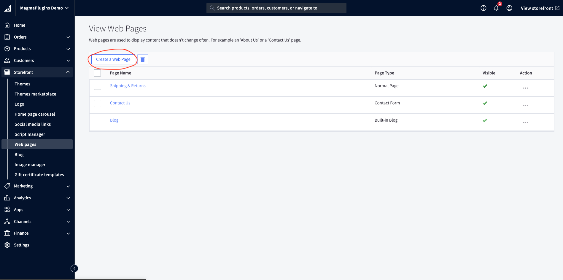 Create a web page in BigCommerce