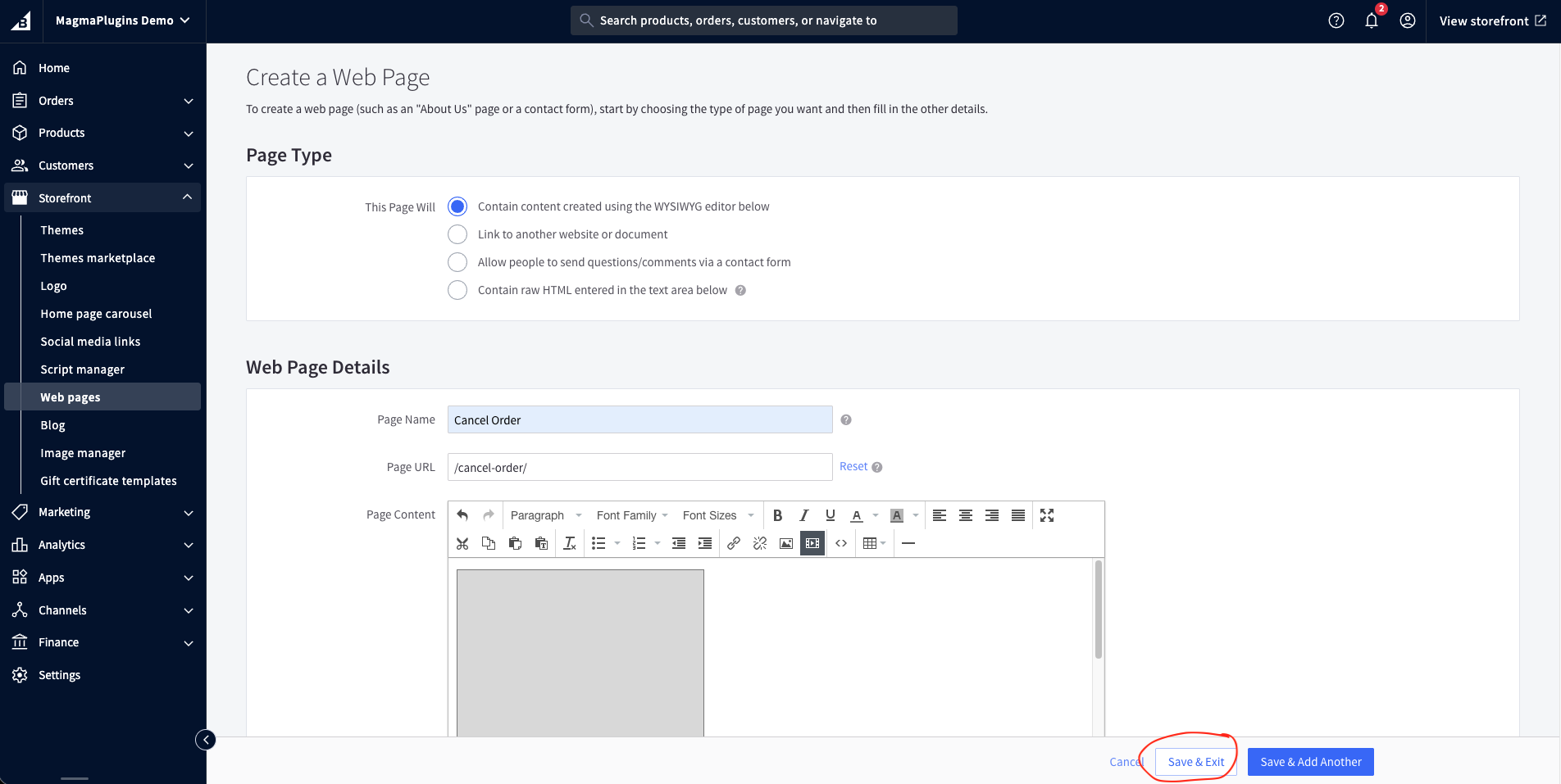 Click Save and Exit to publish the page