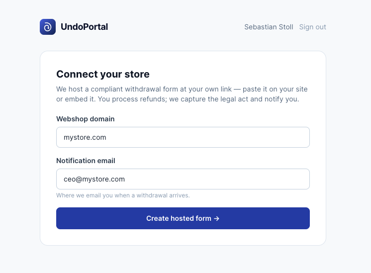 Udfyld webshop-domæne og notifikations-e-mail, og klik på Create hosted form